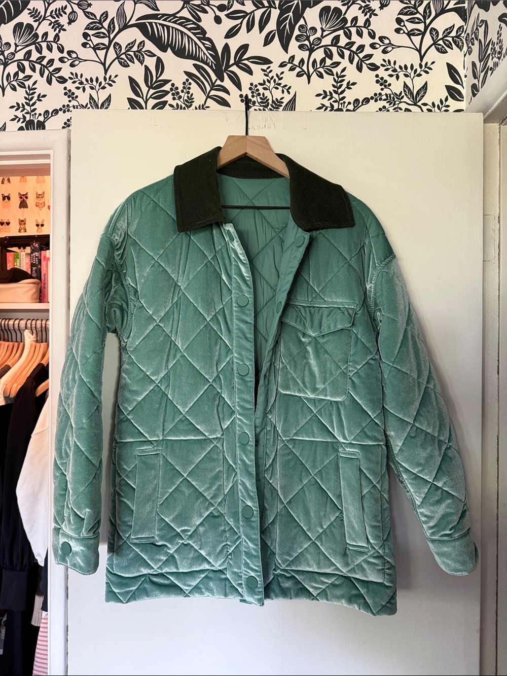 Quilted Velvet Jacket with Contrast Collar - Sage Green